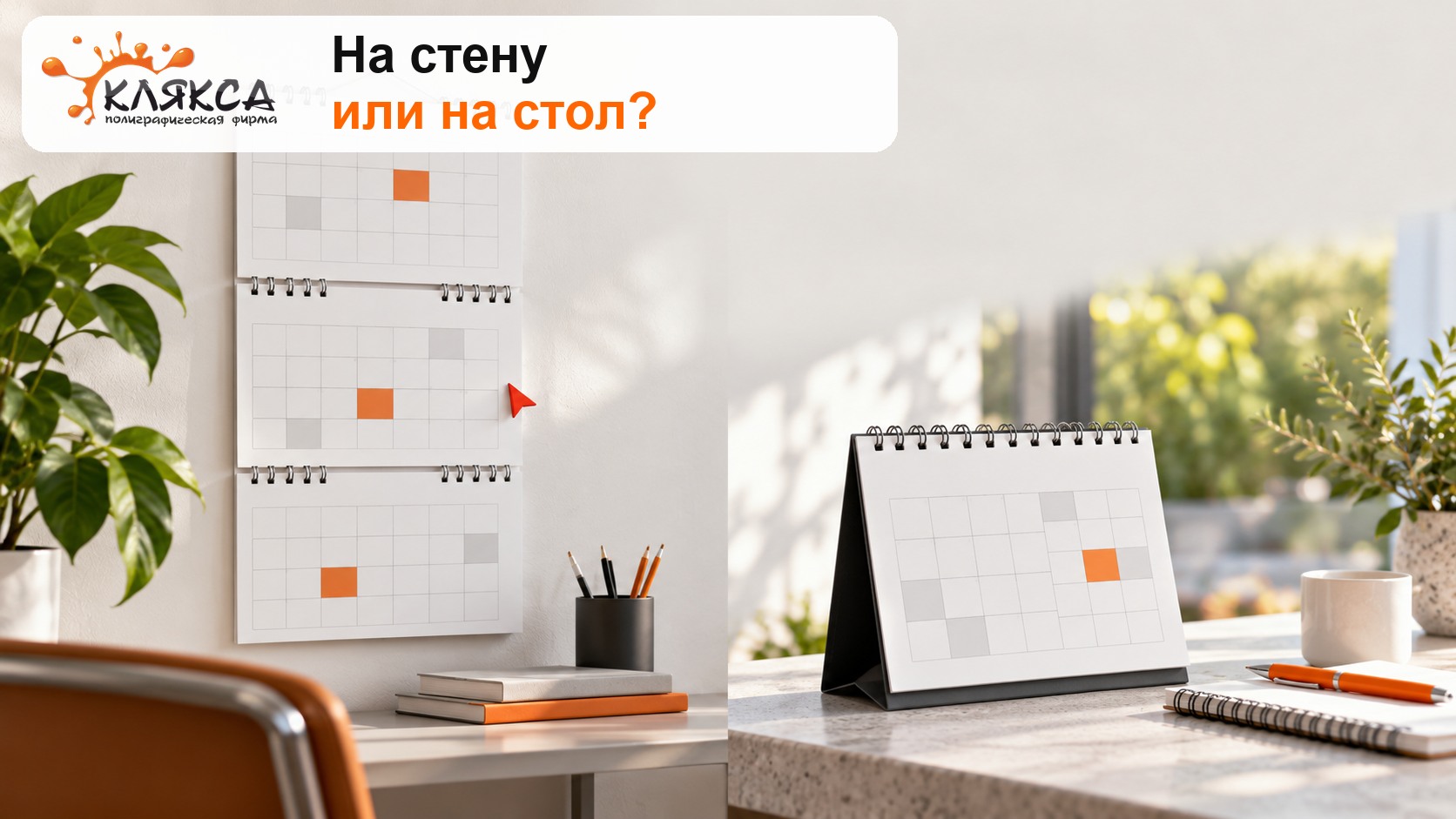 Квартальный календарь на стене и настольный календарь на рабочем столе