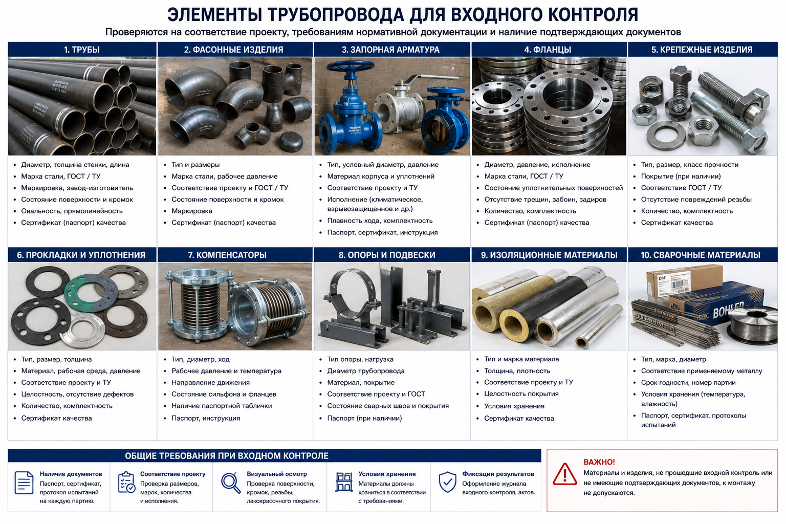Элементы трубопровода для входного контроля