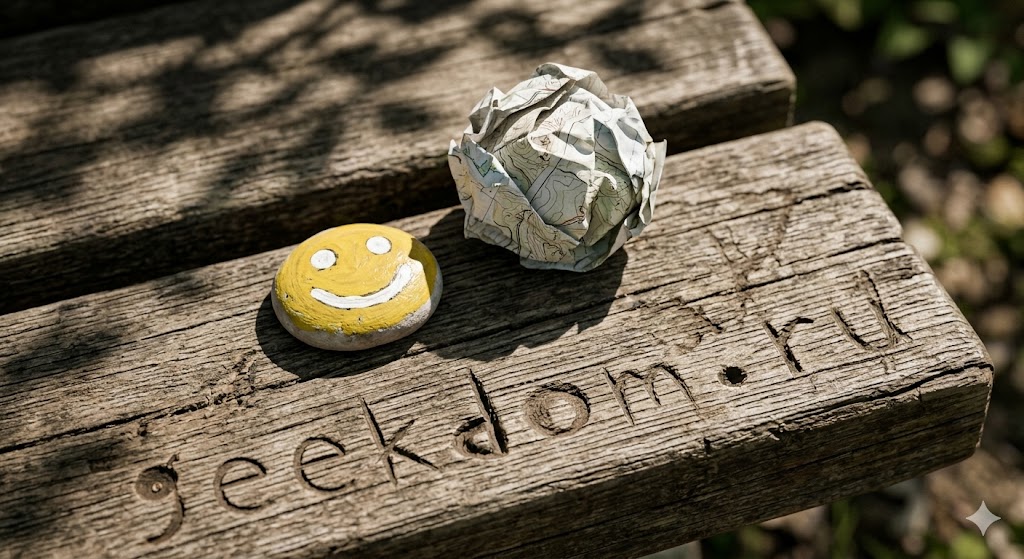 Крупный план расписанного камня-смайлика на старой деревянной скамейке в парке.
