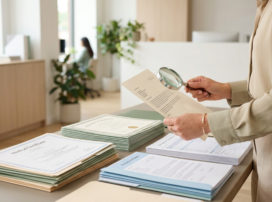 на столе разложены документы, женщина проверяет их через лупу