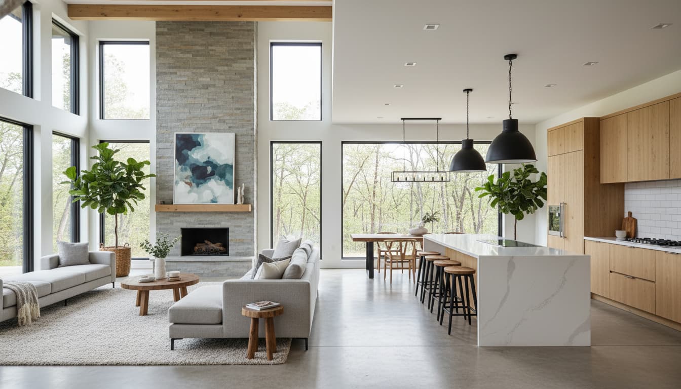 Современная просторная гостиная-кухня в загородном доме