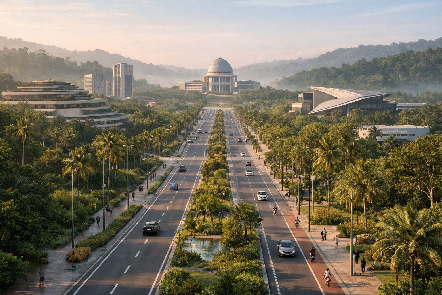 Jalan boulevard hijau dengan bangunan pemerintahan modern di kawasan Nusantara, menggambarkan visi ibu kota baru yang tertata, berkelanjutan, dan futuristik