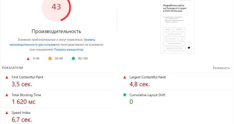 PageSpeed главной страницы на Тильде до правок: 43 балла на телефоне