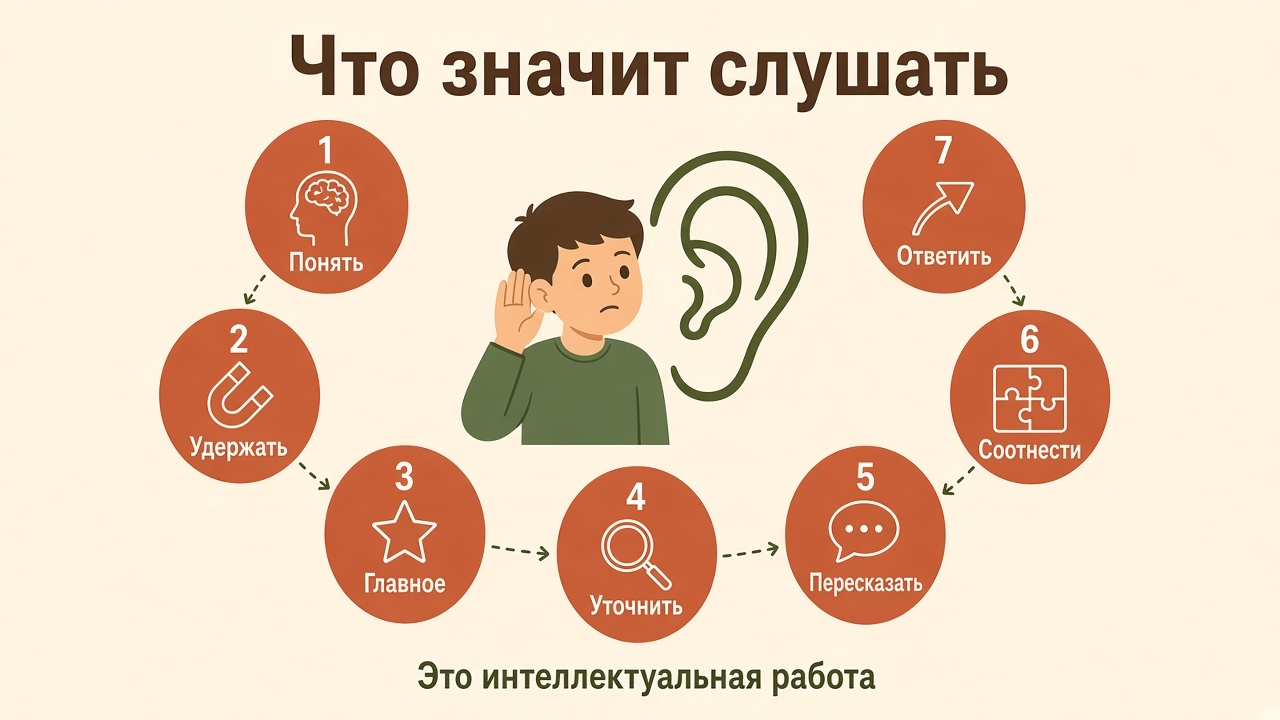 Семь действий слушания: понять, удержать, выделить главное, уточнить, пересказать, соотнести, ответить