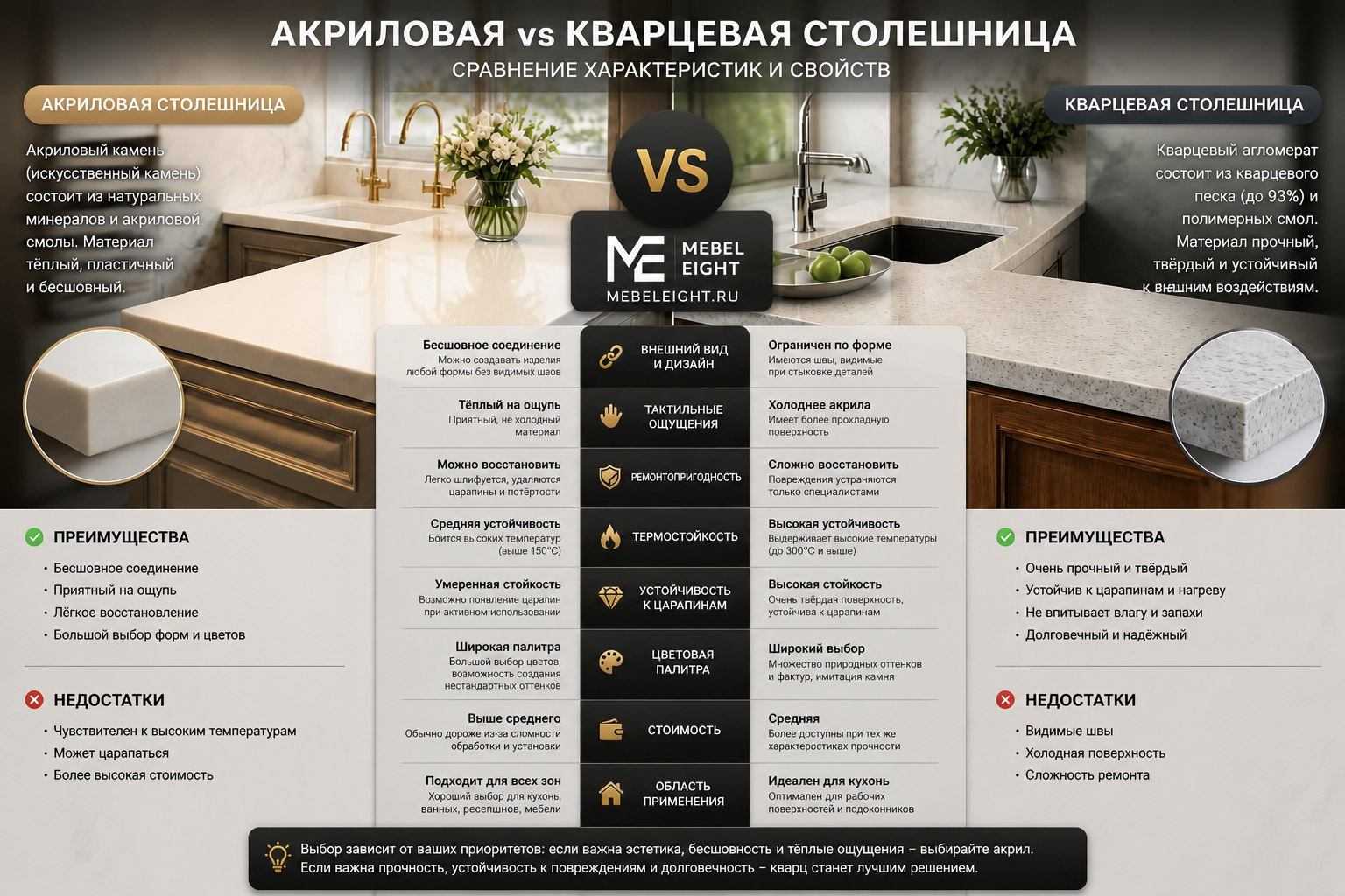 сравнение акриловой и кварцевой столешницы