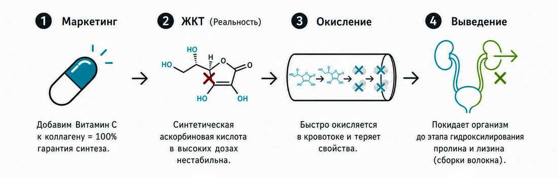 Почему витамин C не доезжает до синтеза коллагена