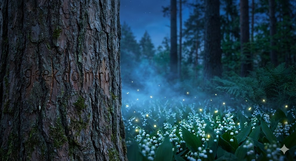 Вечерний лес с цветущими ландышами и туманом