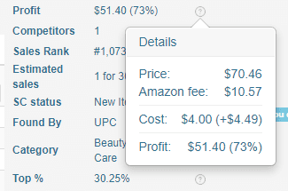Profit details: price, Amazon fee, cost and final profit