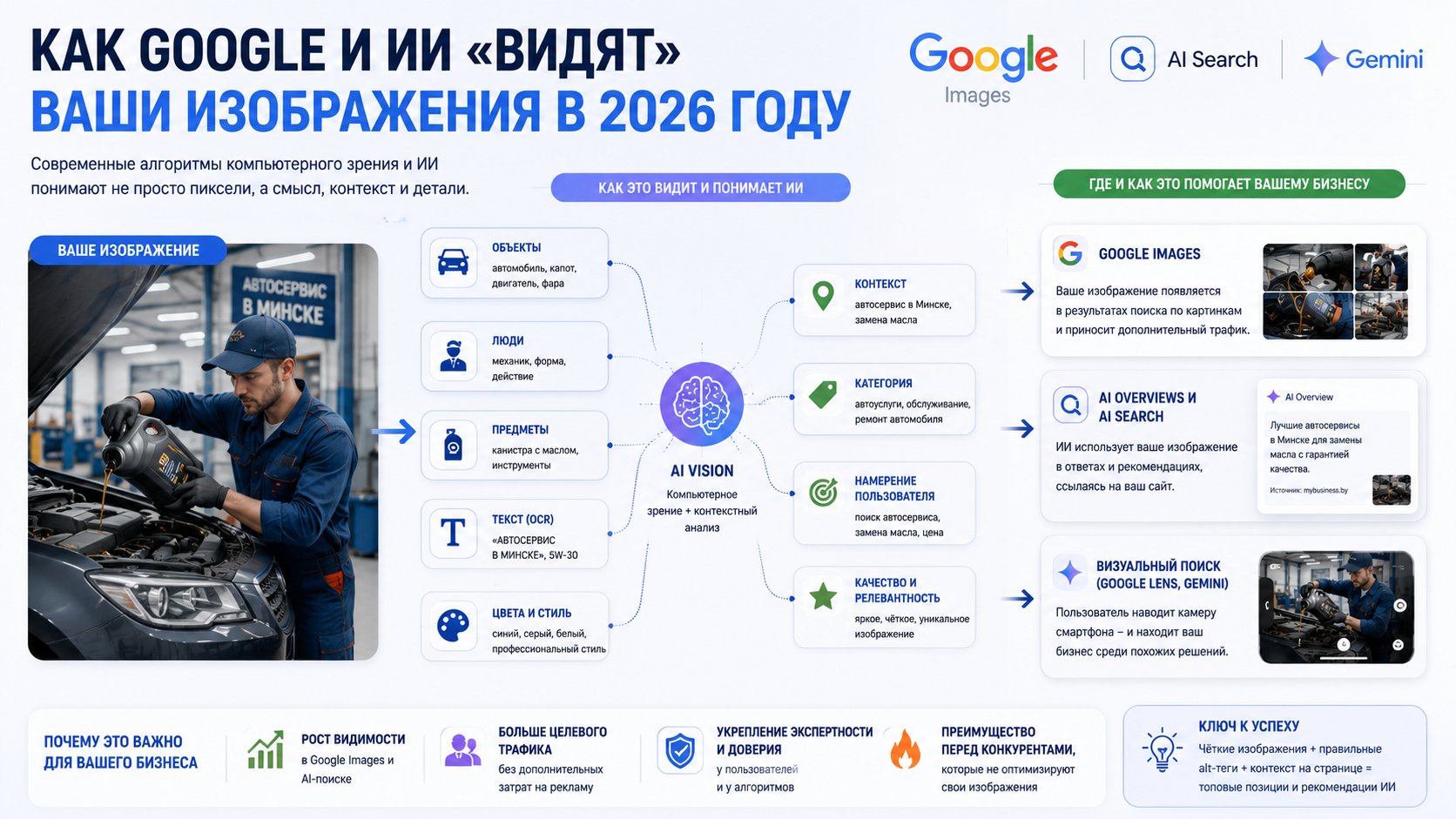Современные алгоритмы анализируют не только пиксели, но и объекты, текст, контекст страницы и намерение пользователя. Именно поэтому изображения должны быть понятны не только людям, но и искусственному интеллекту.