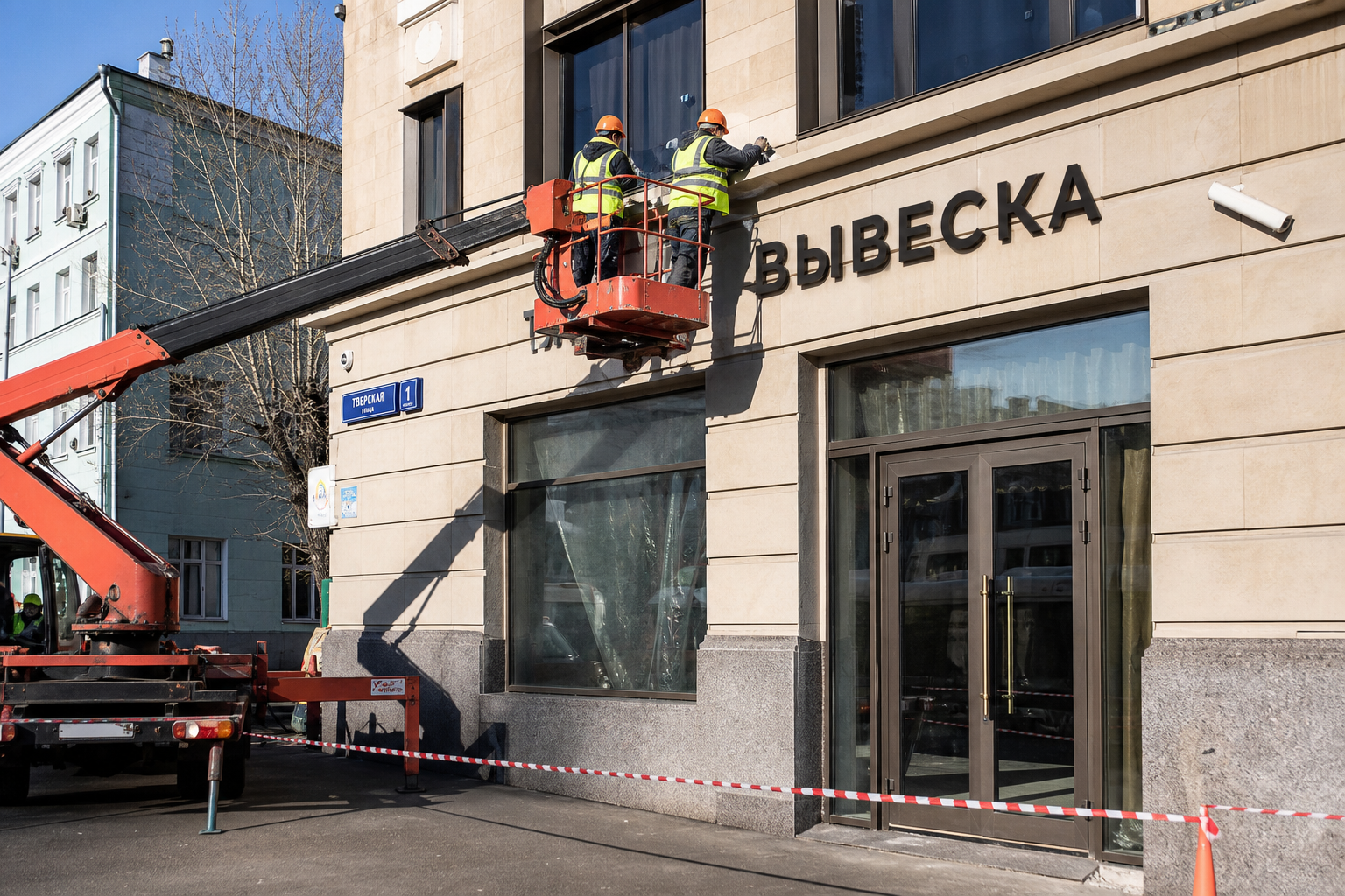 Безопасный монтаж объёмных букв с подъёмника на городском фасаде