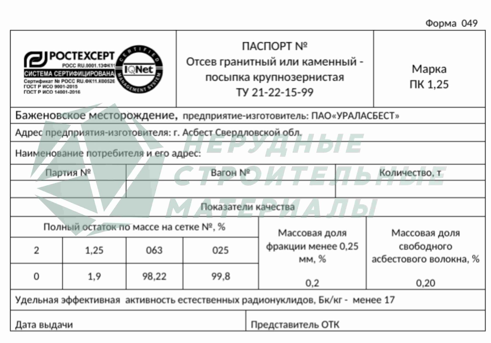 Отсев гранитный или каменный ТУ 21-22-15-99 от производителя купить недорого