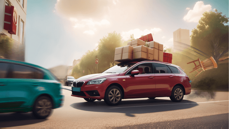 Динамичный кадр: перегруженная машина на высокой скорости, падающие вещи, городской пейзаж