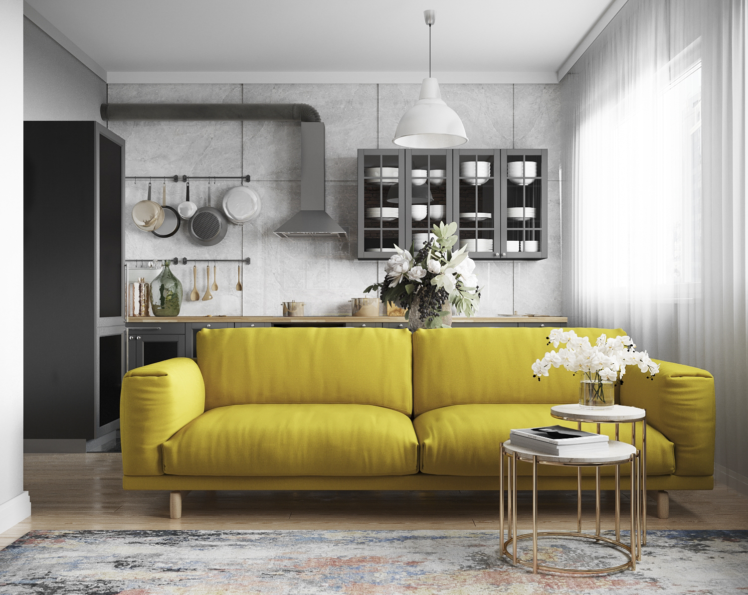 Желтый диван в интерьере кухни