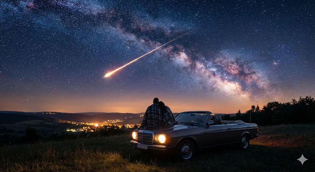 Пара наблюдает за падающей звездой в ночном небе во время праздника 24 августа