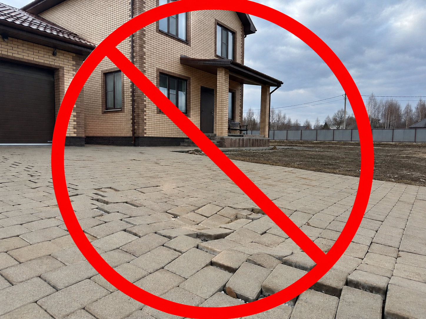 Просевшая тротуарная плитка на участке после зимы