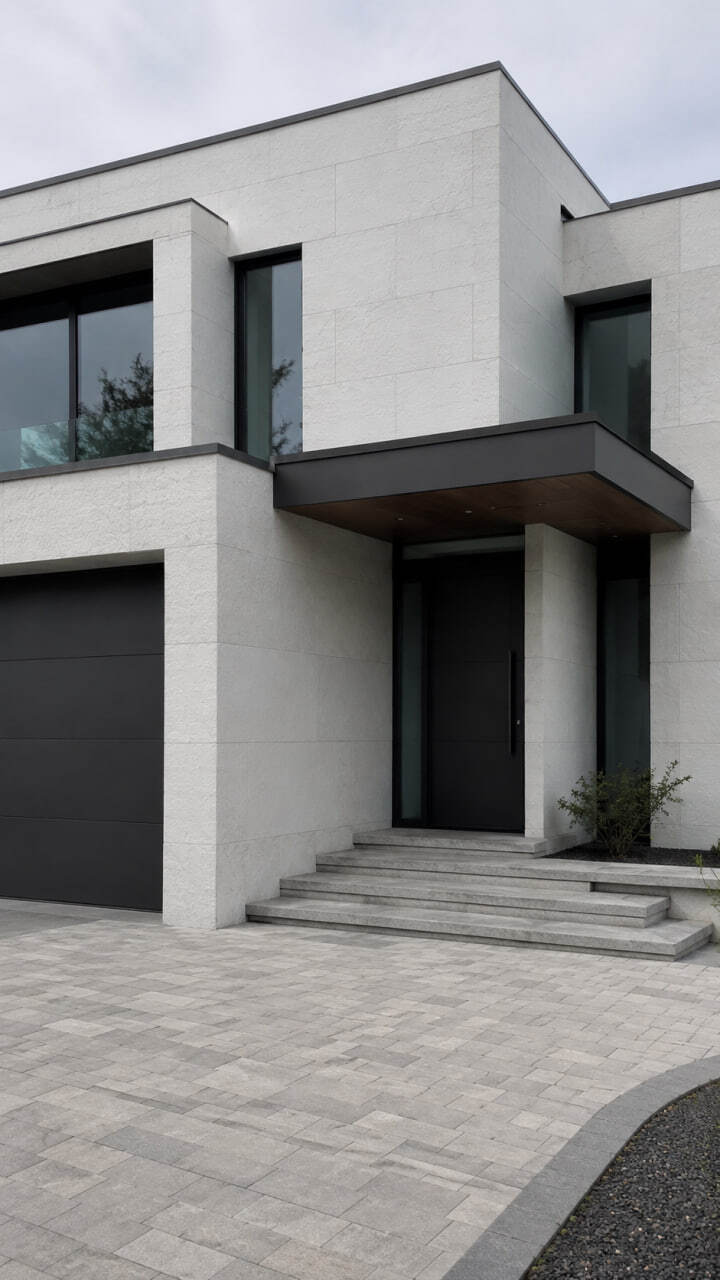Placă flexibilă cu aspect de ardezie albă pentru o fațadă luminoasă și ordonată