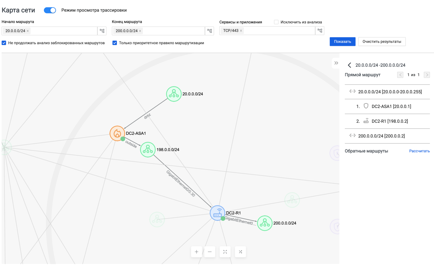 Трассировка маршрута MIST Insight от сети 20.0.0.0/24 до 200.0.0.0/24 через DC2-ASA1 и DC2-R1