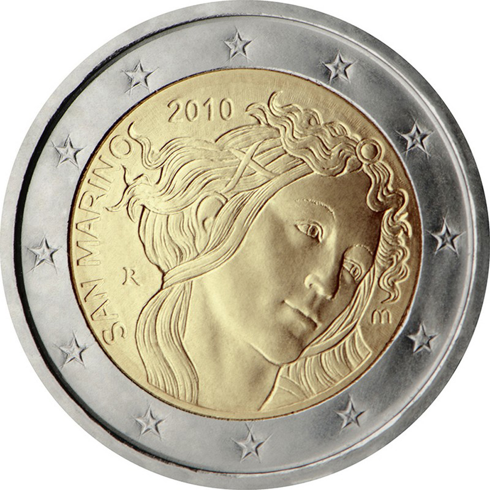 Памятные монеты евро. Монеты 2 евро Сан Марино. Сан-Марино 2 евро 2010. Евро Сан Марино. Боттичелли 2 евро монета.