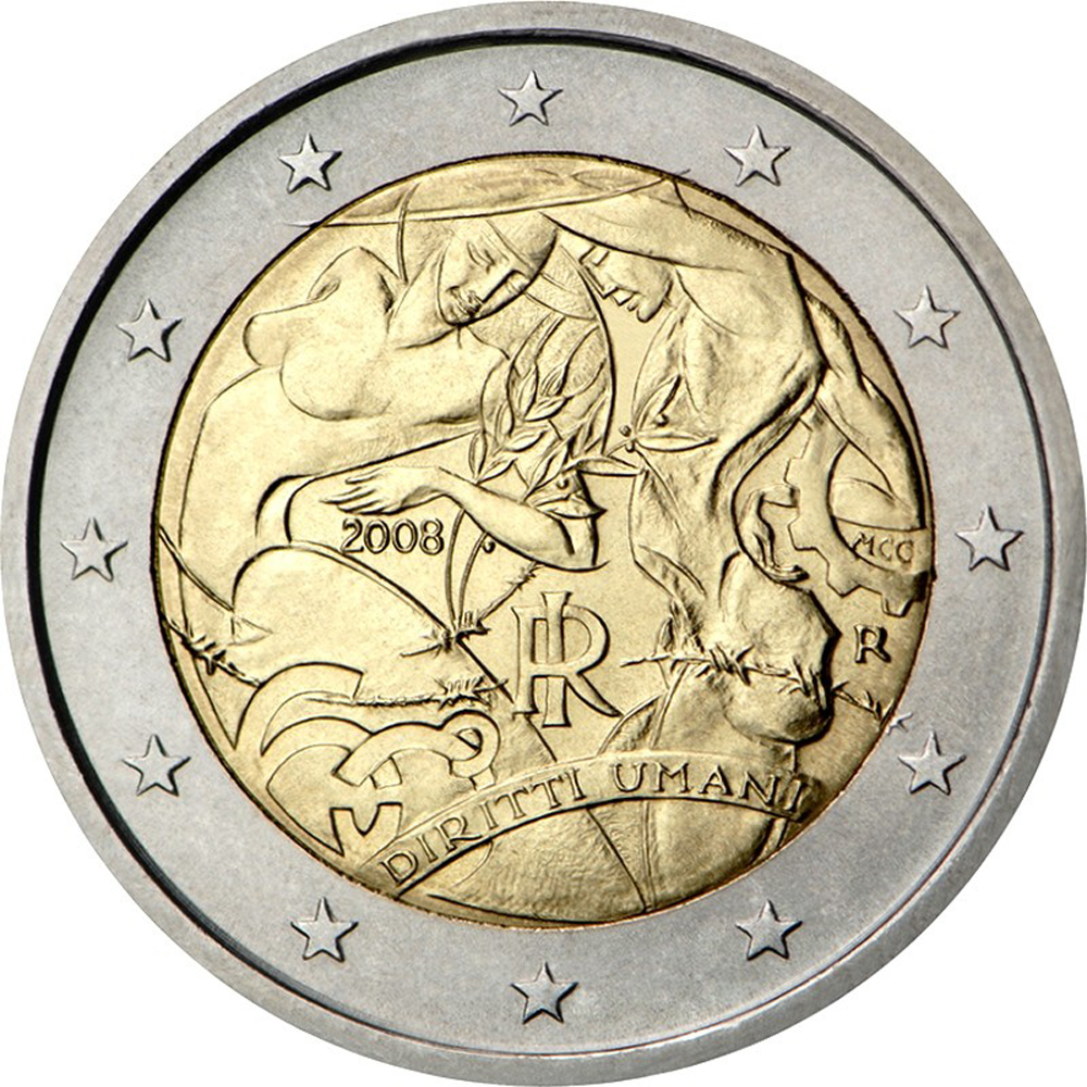 Памятные монеты евро. Монета 2 евро Италия. 2 Евро Италия 2008. Монеты евро Италии. Италия 2 евро 2008 декларация прав человека.