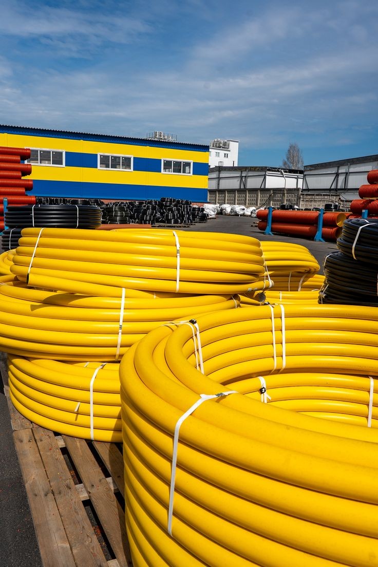 Бухты жёлтой газовой трубы ПЭ100 на складе