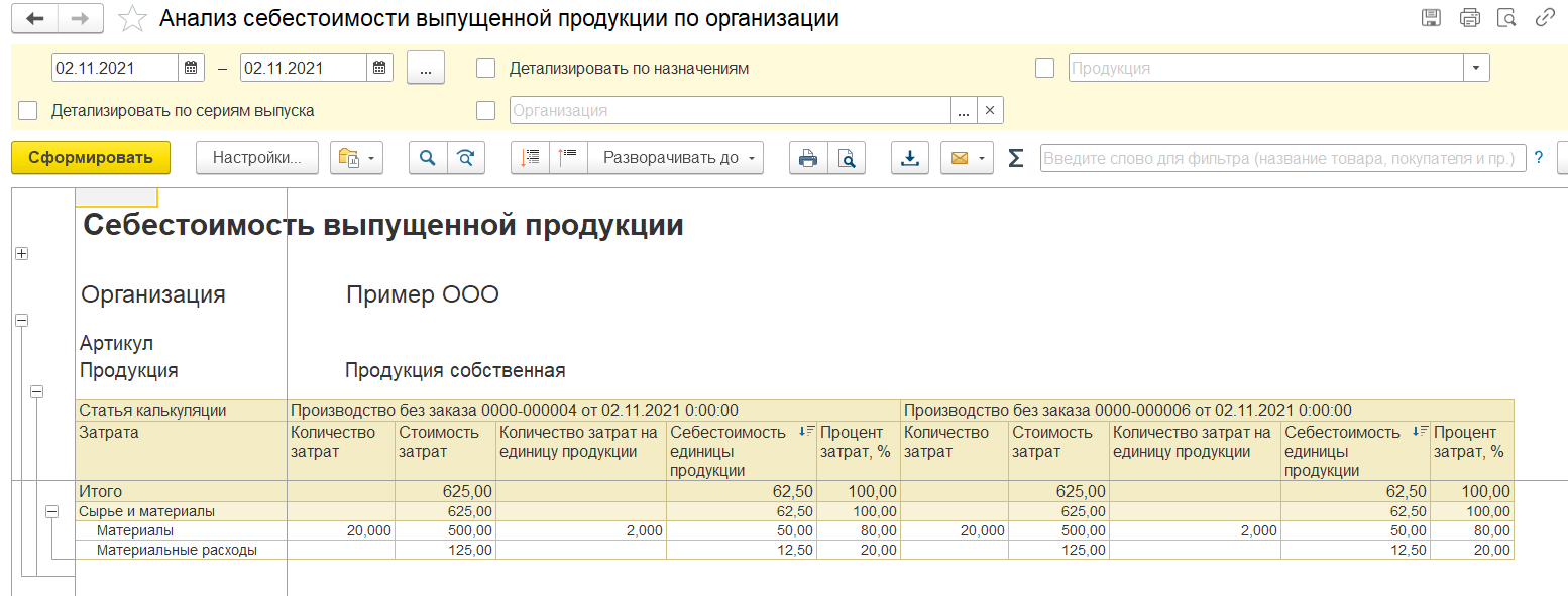 1С Комплексная 2: отчета Анализ себестоимост - сравнение выпусков продукции