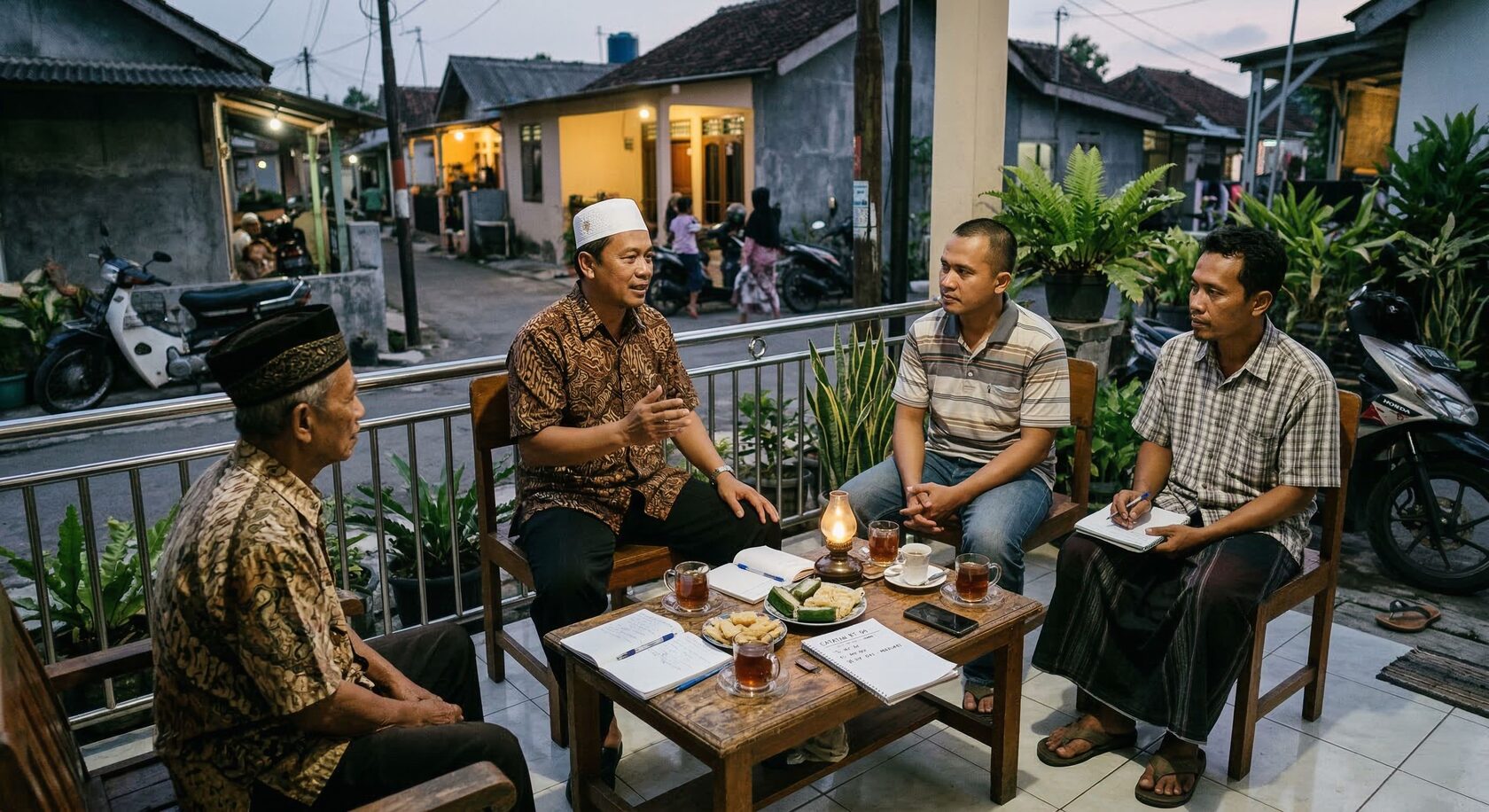 Warga lingkungan sedang berdiskusi bersama untuk mediasi masalah tetangga di teras rumah