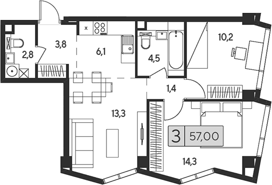 3-комн 57,00 м²