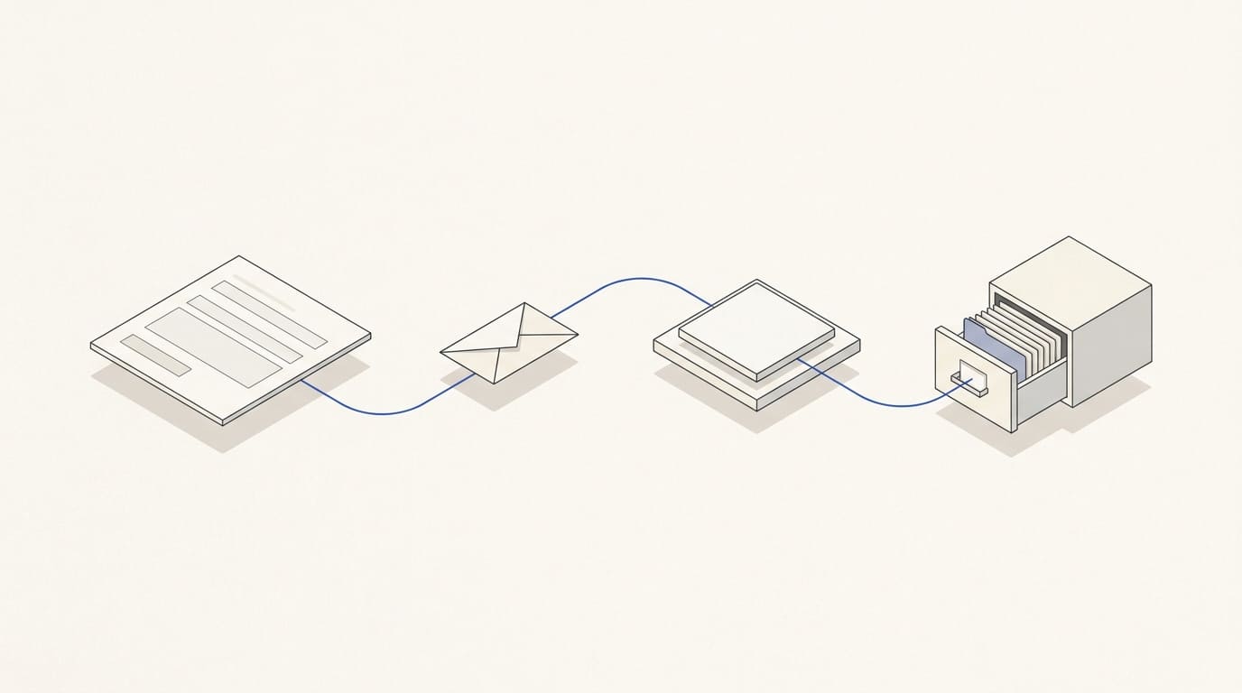 A website form linked to an envelope, accepted enquiry and qualified record in a drawer.