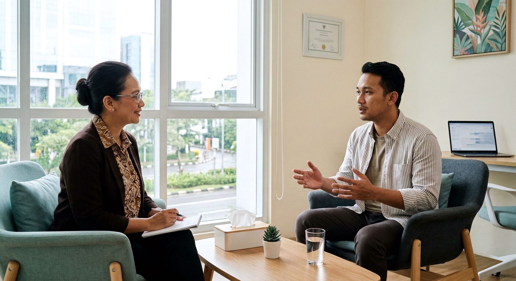 Sesi konseling antara klien dan tenaga profesional kesehatan mental di ruang konsultasi yang nyaman