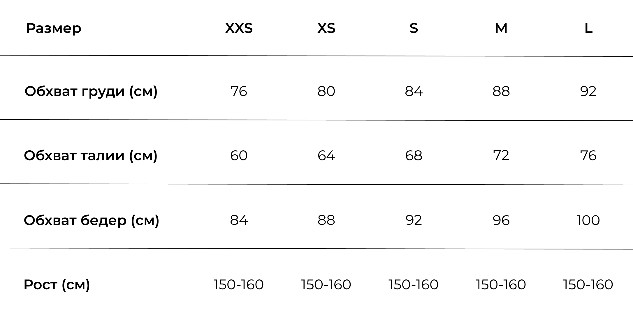Размерная сетка магазина одежды для невысокого роста 2XS.STORE. Представлены размеры XXS (или 2XS), XS, S, M, L. Параметры - обхват груди, талии, бедер, рост 150-160 см