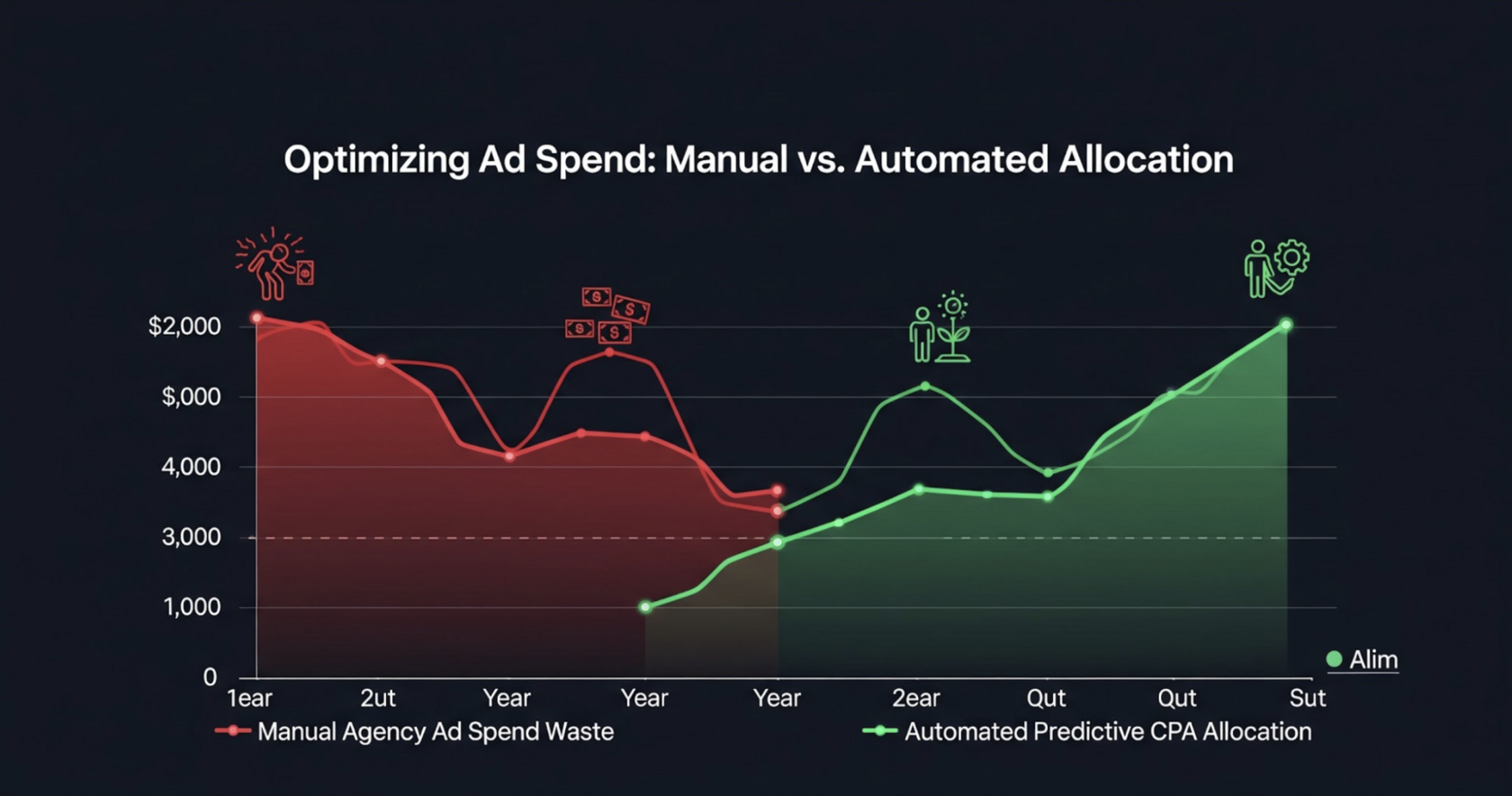 Financial graph comparing manual agency ad spend waste to automated predictive CPA allocation.