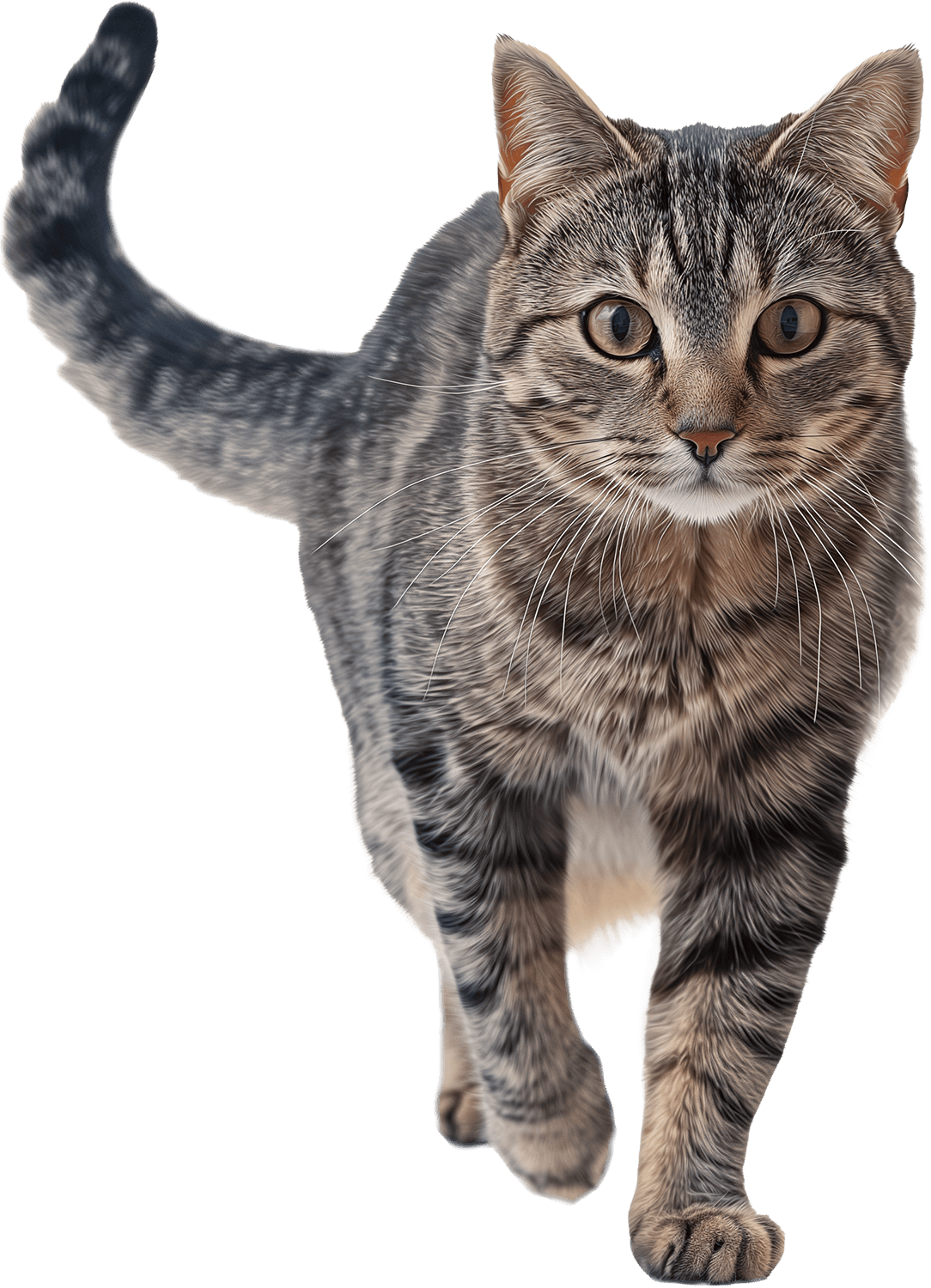 серый полосатый кот идет на зрителя