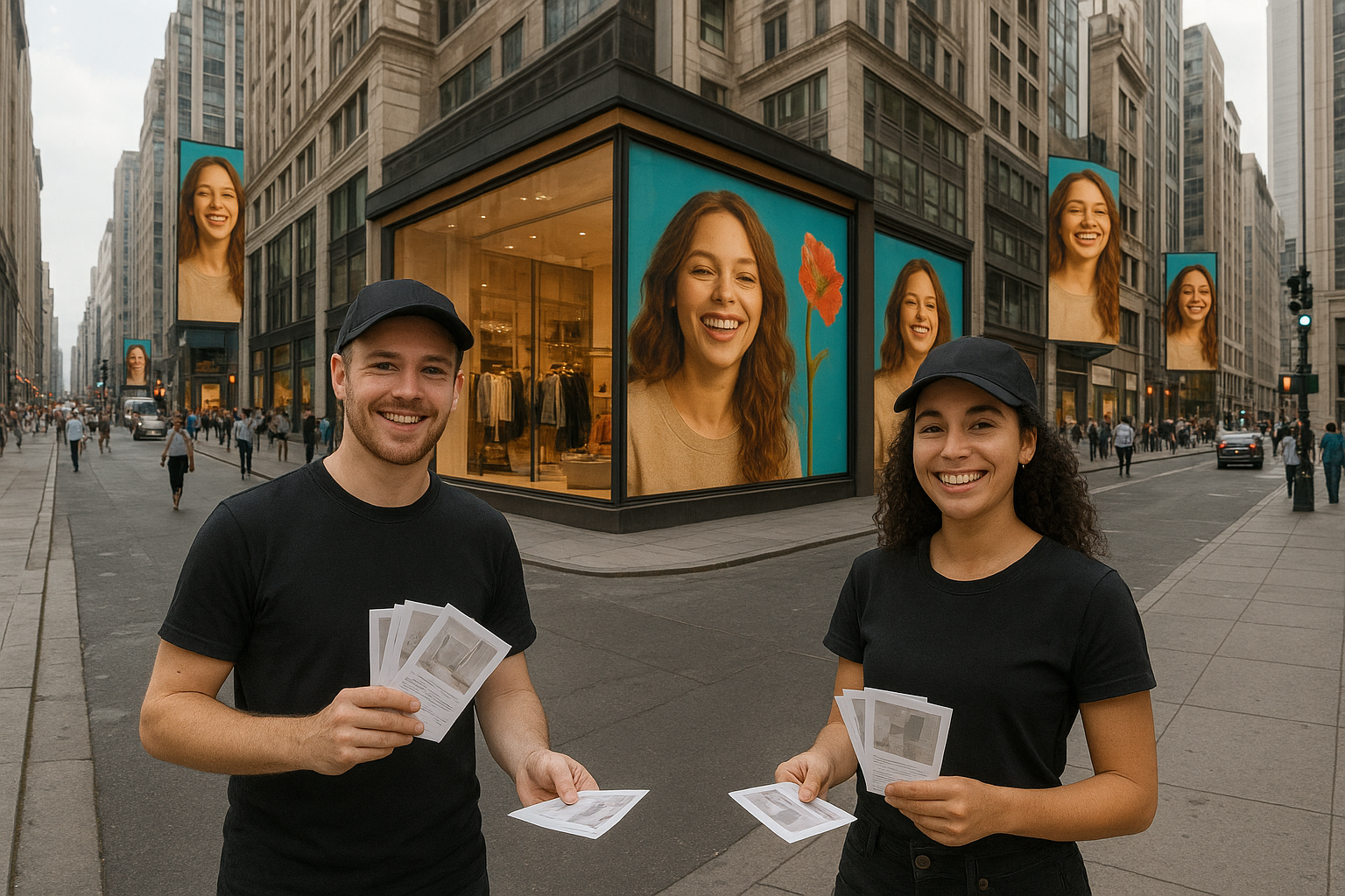 Городская улица с современными зданиями, украшенными большими рекламными экранами магазина, и двумя промоутерами, стоящими у входа и раздающими листовки прохожим