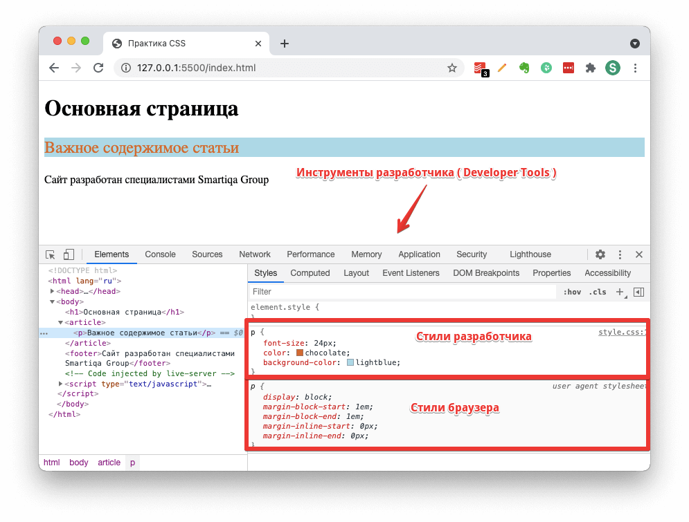 Инструменты разработчика. Оформление сообщения в стиле разработчика. Урок 4 CSS области контента. Webreference.