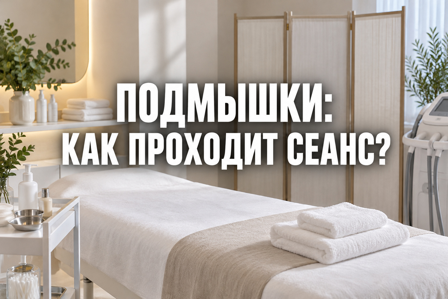 Обложка о визите на лазерную эпиляцию подмышек с крупной центрированной фразой «ПОДМЫШКИ: КАК ПРОХОДИТ СЕАНС?»