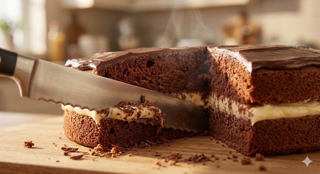 Разрезание мягкого шоколадного бисквитного торта ножом. 