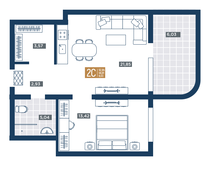 Планировка 2-комнатная 52.84 м²