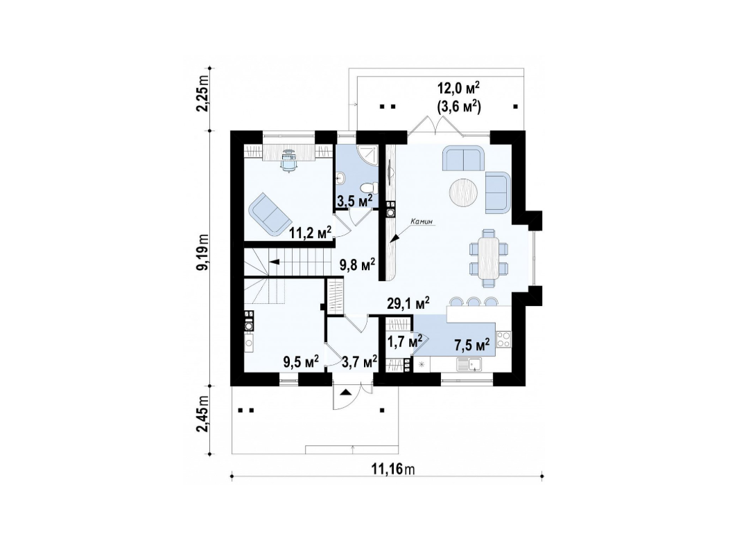 Дом 80 м2 одноэтажный из газобетона планировка