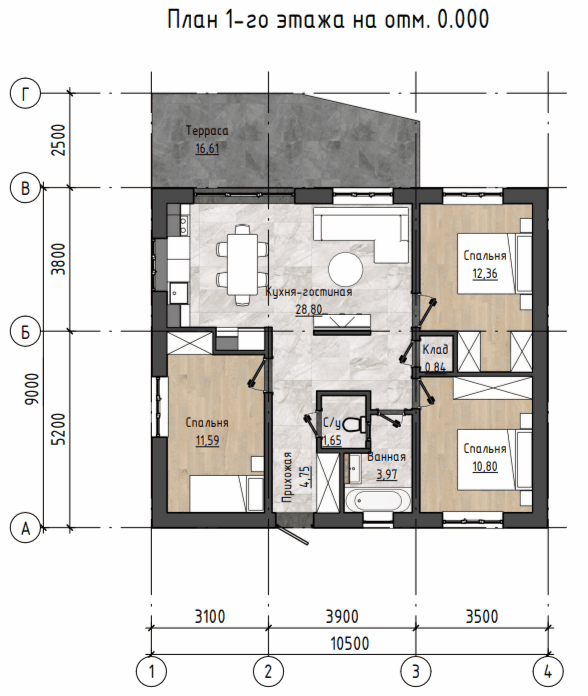 Планировка одноэтажного дома с тремя спальнями, кухней-гостиной, двумя санузлами, кладовой комнатой и террасой