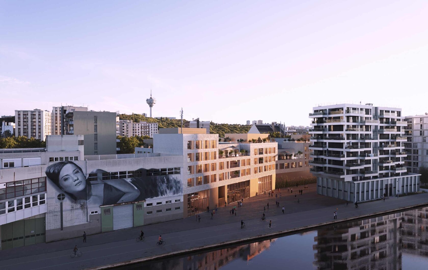 Canal and Pantin Congress Center in the Paris suburbs, by the river