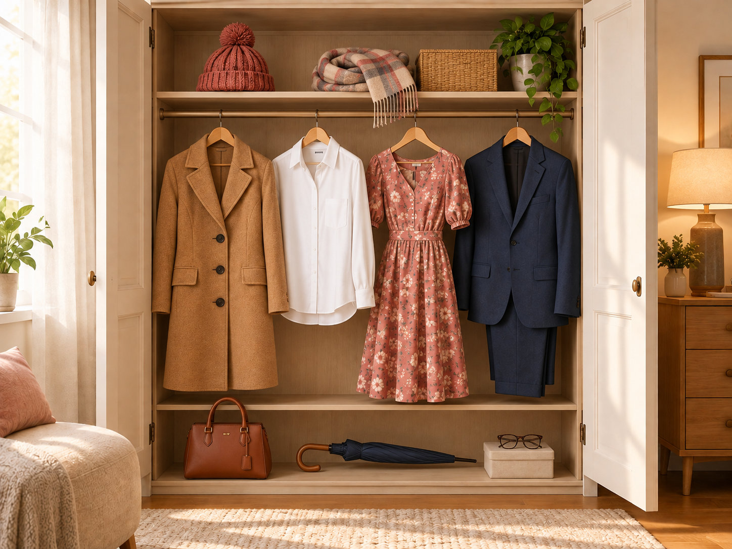 Open wardrobe with A1 clothes and accessories