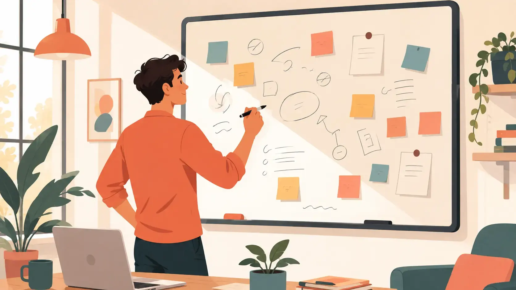 Startup founder brainstorming brandable domain names at a whiteboard in a modern office.