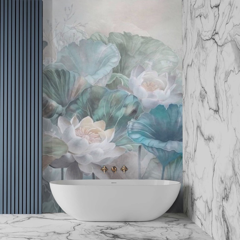 Купить фреску на стену кувшинки, лилии, лотосы в пастельных тонах – бирюза, бежевый