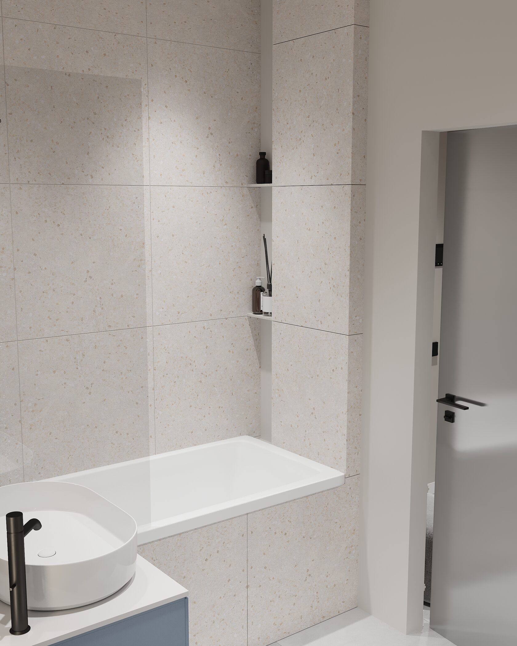 ванная в светлой плитке 