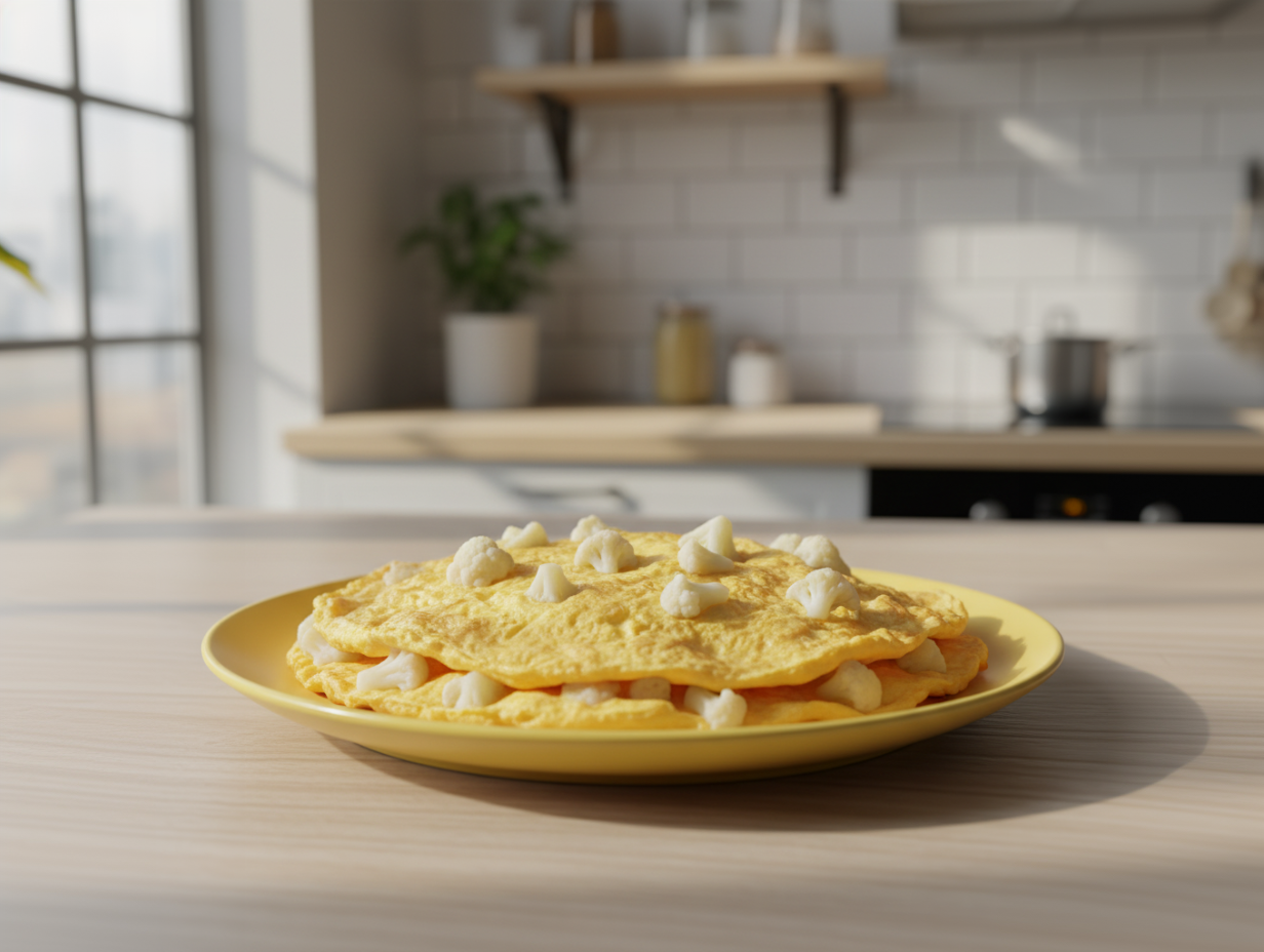 Готовый омлет с цветной капустой, нарезанный на порционные куски, на белой тарелке.