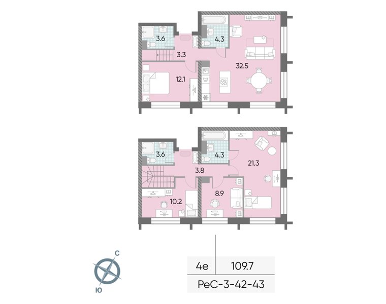 Планировка 4-комнатной евроквартиры 109,7 м² в доме «СПАРК» (ЗИЛАРТ): дом 21, 42-й этаж