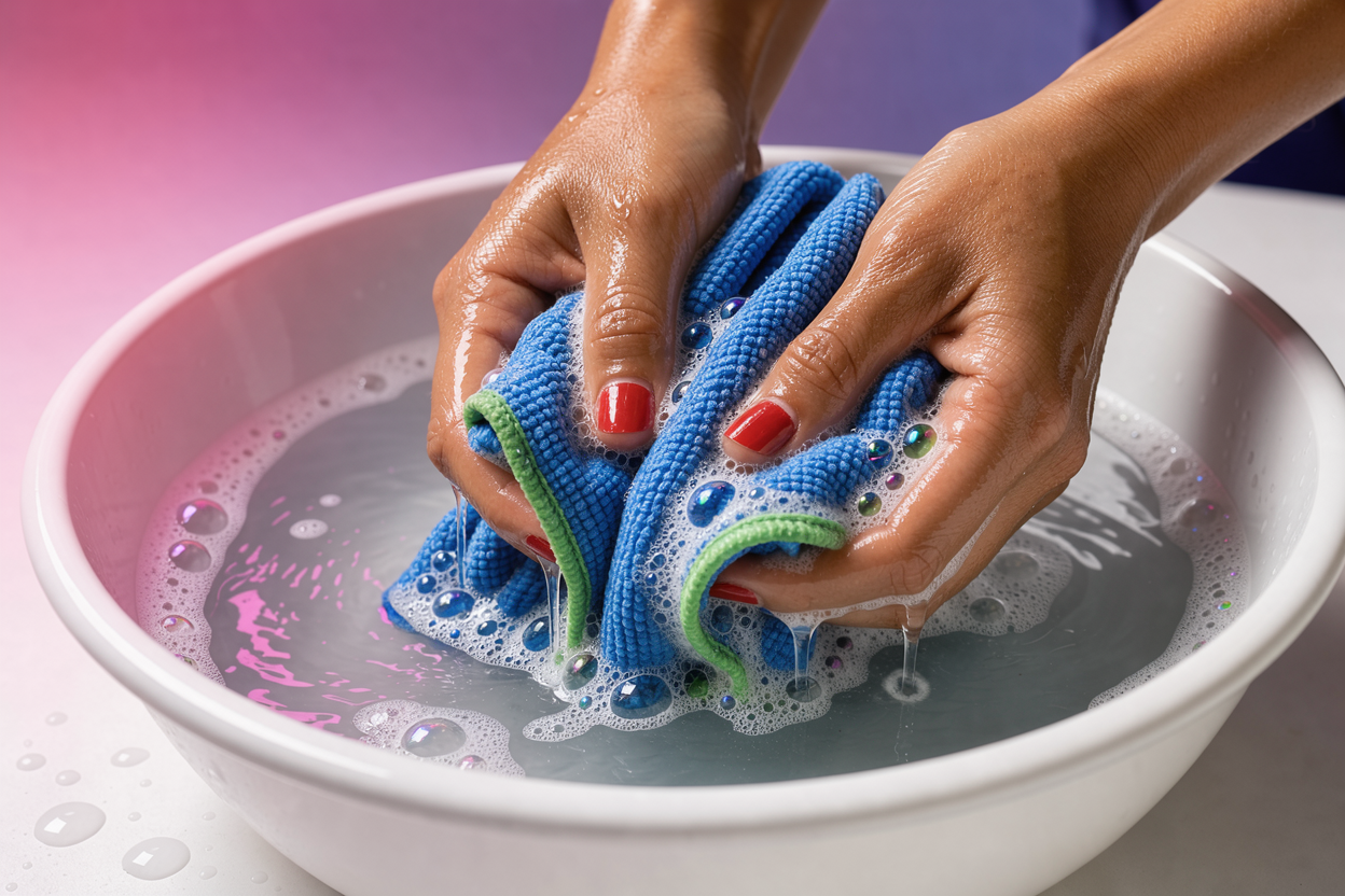 Hands gently rubbing a microfiber cloth in a basin of warm soapy water, close-up on the fabric texture and foam, no brand labels