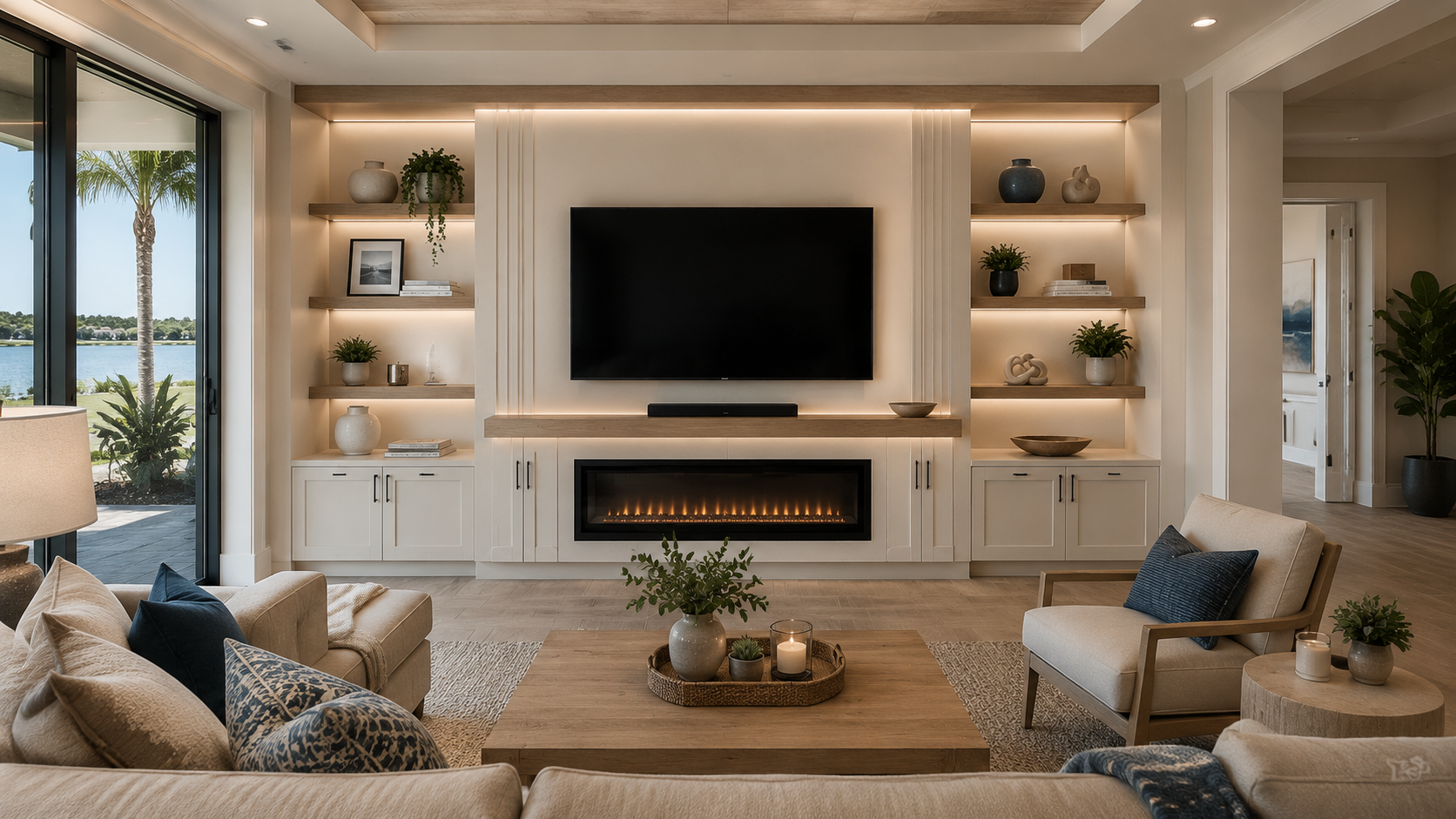 Custom Jacksonville media wall with electric fireplace built-in shelving cabinetry LED lighting and mounted TV in a modern coastal living room.