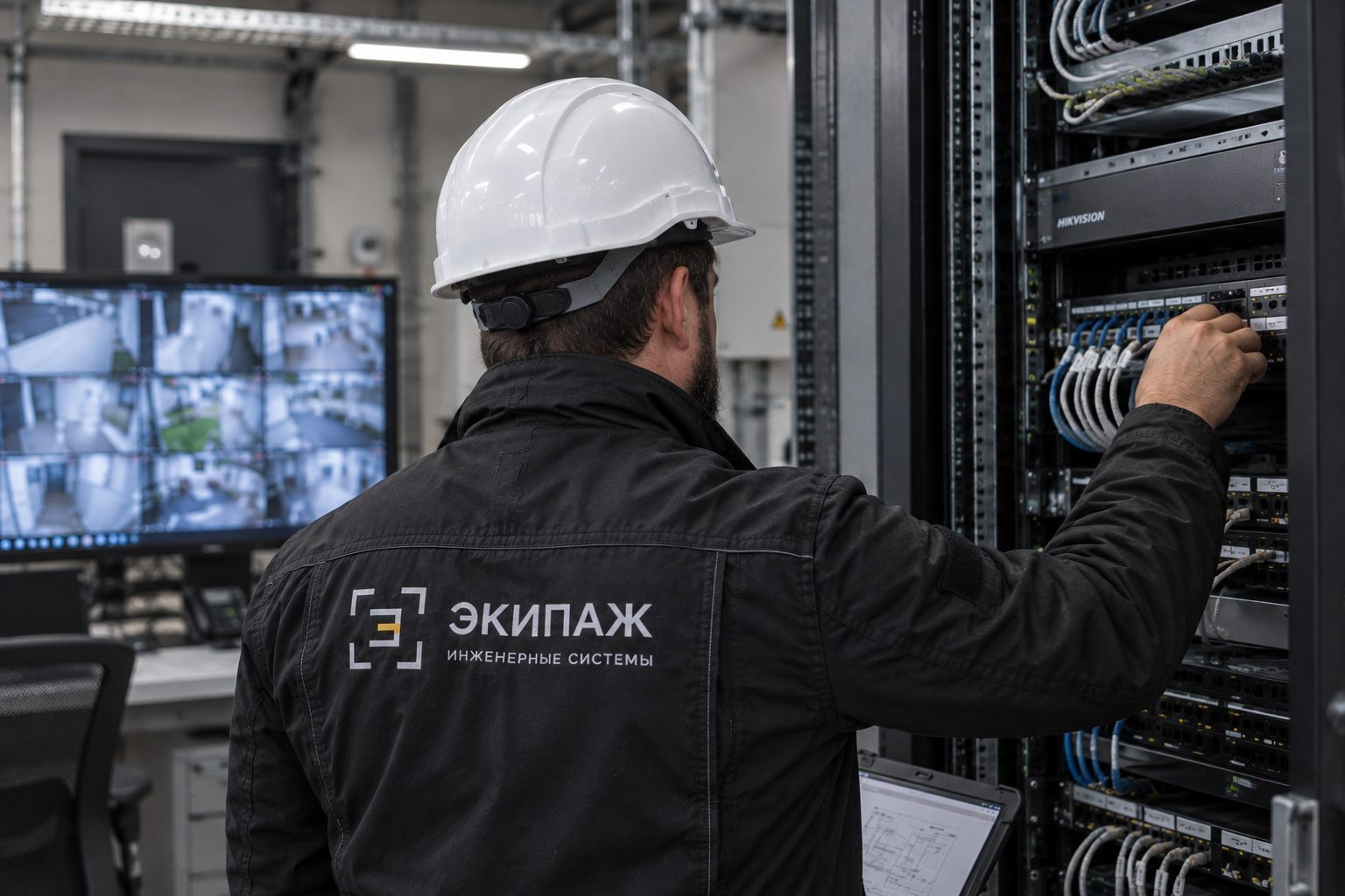 Специалист настраивает оборудование видеонаблюдения