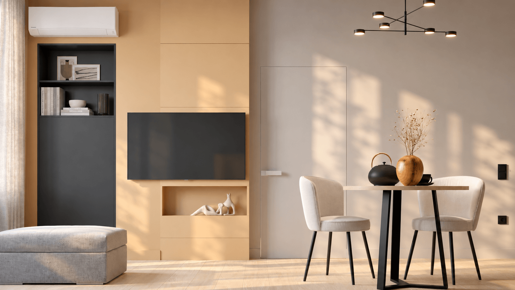 Espace détente dans un aménagement petit espace salon avec cuisine ouverte et design moderne